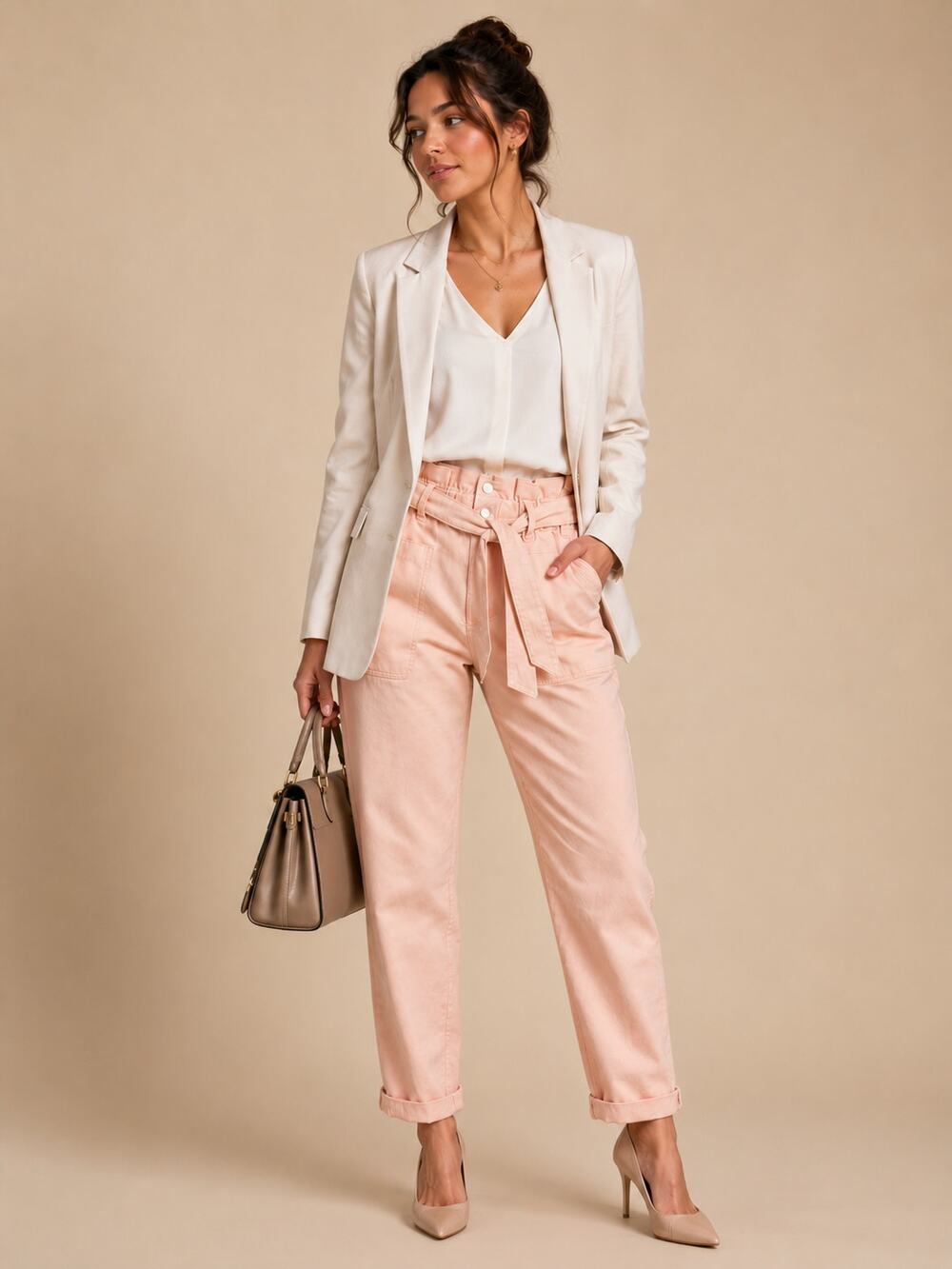 Pink Paperbag Waist Belted Jeans High Rise Pants Small Preppy Corpcore